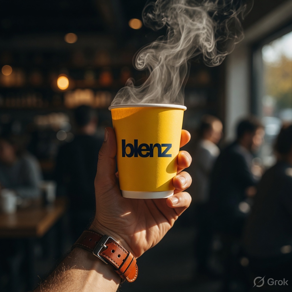 blenz hot takeaway cup — yellow ground, navy wordmark